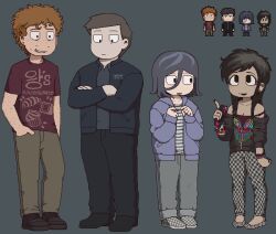 Rule 34 | 1girl, 1other, 2boys, adriana ortega, angel martinez, arm freckles, brandon (clinical trial), breasts, brown hair, cleavage, clinical trial (game), dark-skinned female, dark skin, denim, eyeshadow, highres, holding, homunculus100, hood, hoodie, jacket, jeans, jewelry, jitome, lee smith, long hair, makeup, multiple boys, no nose, pale skin, pants, scene fashion, shirt, shoes, short hair, smile, t-shirt, toon (style)