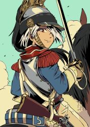 1girl antique_firearm blue_eyes blue_jacket blue_sky brown_hair brown_horse cavalry chest_armor commentary_request cuirass cuirassier epaulettes firearm firelock flintlock france french_army french_clothes gun hair_over_one_eye hand_on_headwear hat highres horse jacket looking_at_viewer looking_back medium_hair military_uniform original pants red_eyes saber_(weapon) sky smile soldier solo sword weapon white_hair white_pants zeinikunosekai