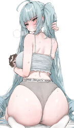 1girl absurdres ass blue_hair blush breasts camisole character_doll commander_(nikke) commentary doll from_behind goddess_of_victory:_nikke grey_camisole grey_panties highres holding holding_doll large_breasts long_hair looking_at_viewer looking_back mochirong panties privaty_(nikke) sitting solo sweat symbol-only_commentary twintails underwear wariza white_background yellow_eyes