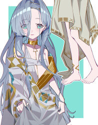 Rule 34 | 1girl, 37 (reverse:1999), absurdres, ancient greek clothes, anklet, aqua background, bare shoulders, barefoot, blue eyes, blue hair, border, gold choker, greco-roman clothes, hair between eyes, highres, jewelry, long hair, lower body, multiple views, nanase young, outside border, parted lips, reverse:1999, smile, toga, upper body, very long hair, white border