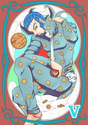 1boy ball beard blue_eyes blue_hair blue_pants blue_shirt coin commentary_request facial_hair high_collar holding holding_ball holster jojo_no_kimyou_na_bouken looking_at_viewer male_focus marimo_(02010328) necktie pants shirt short_hair solo star_(symbol) steel_ball_(jojo) steel_ball_run very_short_hair wekapipo white_necktie