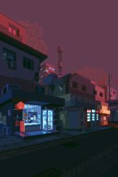 animated animated_gif door lantern night no_humans original outdoors paper_lantern pixel_art power_lines road scenery train vending_machine waneella window