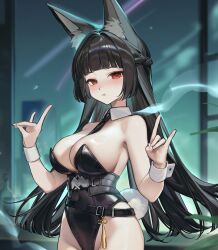 1girl :t \n/ animal_ear_fluff animal_ears black_hair black_leotard black_necktie blunt_bangs blush breasts cleavage fake_tail fox_ears fox_girl fox_shadow_puppet highres hoshimi_miyabi large_breasts leotard long_hair necktie playboy_bunny rabbit_ears rabbit_tail red_eyes smilesmile1312 tail upper_body white_wrist_cuffs wrist_cuffs zenless_zone_zero