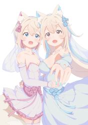 2girls absurdres alternate_costume animal_ear_fluff animal_ears blonde_hair blue_dress blue_hair blue_nails breasts cleavage dog_ears dog_girl dress fangs flower fuwawa_abyssgard hair_flower hair_ornament highres hololive hololive_english large_breasts long_hair mococo_abyssgard multicolored_hair multiple_girls nail_polish open_mouth pink_hair pulsar_d39 short_hair siblings sideboob simple_background sisters skin_fangs small_breasts smile streaked_hair twins two_side_up very_long_hair virtual_youtuber wedding_dress white_background