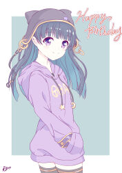 1girl animal_ear_headwear black_hair fake_animal_ears flat_chest hand_in_pocket happy_birthday highres hood hoodie iris_mysteria! k_(nura-rikuo) long_hair naja_(iris_mysteria!) pointy_ears purple_eyes smile standing thighhighs