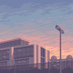 building bush dome fence gradient_sky kldpxl lamppost microsoft_windows no_humans pastel_colors pixel_art purple_sky scenery sky twilight window