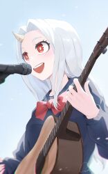 1girl aged_up blue_serafuku boku_no_hero_academia bow eri_(boku_no_hero_academia) guitar highres holding holding_guitar holding_instrument horns instrument long_hair matsumotoshinnnosuke microphone music open_mouth red_bow red_eyes school_uniform serafuku singing single_horn solo teeth upper_teeth_only white_hair