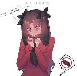 1girl black_ribbon blue_eyes blush brown_hair commentary covering_own_mouth embarrassed english_commentary english_text fate/stay_night fate_(series) full-face_blush hair_ribbon hands_up highres holding holding_own_hair long_hair long_sleeves parted_bangs red_sweater ribbon shirt solo suhyeon surprised sweat sweater talking tohsaka_rin two_side_up upper_body white_background