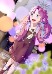 1girl :d alternate_hair_color anyoji_hime blue_eyes blunt_bangs bow bow_legwear brown_dress brown_shoes collarbone commentary_request curtained_hair dress dutch_angle flower gradient_hair haremoyou_sanshou hasu_no_sora_school_uniform highres holding holding_umbrella hood hooded_jacket hydrangea jacket link!_like!_love_live! loafers long_hair long_sleeves love_live! medium_dress multicolored_hair neckerchief open_clothes open_jacket open_mouth outdoors pink_hair pink_jacket pleated_dress purple_bow purple_flower purple_hair sailor_collar sailor_dress school_uniform shoes smile socks solo teeth transparent transparent_umbrella umbrella umbrella_over_shoulder upper_teeth_only virtual_youtuber walking white_sailor_collar white_socks winter_uniform yellow_neckerchief