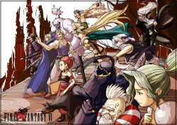 1990s_(style) 3girls 6+boys armor beard belt black_hair blonde_hair c-mild_(kenki) cape cyan_garamonde celes_chere edgar_roni_figaro everyone facial_hair fighting_stance final_fantasy final_fantasy_vi gau gauntlets green_hair headband highres interceptor japanese_armor kenki locke_cole long_hair sabin_rene_figaro mog multiple_boys multiple_girls muscular mustache relm_arrowny samurai samurai_(final_fantasy) scar setzer_gabbiani shadow_(ff6) shoulder_armor sode strago_magus sword tina_branford umaro weapon white_hair wings yeti_(creature)
