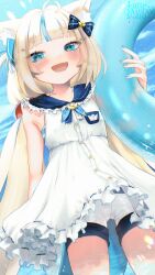 1girl absurdres animal_ear_fluff animal_ears blonde_hair blue_eyes blue_hair blue_nails blue_sky blush cat_ears cloud commentary dress english_commentary fang fins fish_girl fish_tail highres holding holding_swim_ring indie_virtual_youtuber innertube lattemeowcatto long_hair looking_at_viewer low_twintails multicolored_hair nail_polish open_mouth sameko_saba short_shorts shorts skin_fang sky sleeveless sleeveless_dress smile solo streaked_hair swim_ring tail twintails very_long_hair virtual_youtuber white_dress white_shorts