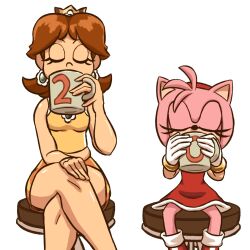 2girls amy_rose bad_tag bare_legs boots bracelet brown_hair chair closed_eyes crossover crown cup dress drinking earrings eyelashes feminine flower flower_earrings flower_ornament gloves gold_bracelet harband hedgehog hot_chocolate jewelry legs mario_&amp;_sonic_(series) mario_&amp;_sonic_at_the_tokyo_2020_olympic_games mario_(series) medium_hair mug multiple_girls nintendo petite pink_fur pink_hair princess princess_daisy range_shorts red_dress sega shirt shorts sitting size_difference sleeveless sleeveless_shirt sonic_(series) tomboy wavy_hair yellow_shirt