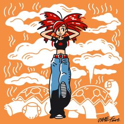 1girl belt black_shirt crop_top denim flannery_(pokemon) gen_3_pokemon hands_behind_own_head highres jeans navel nintendo osare_graffiti pants pokemon pokemon_(creature) red_hair shirt shoes sneakers steam torkoal white_shoes