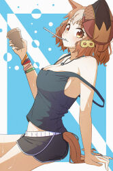 1girl animal_ears bare_shoulders belno_light_(umamusume) black_shorts black_tank_top bracelet breasts brown_hair brown_hat cleavage clothing_cutout commentary cup from_side hair_ornament hat highres holding holding_cup horse_ears horse_girl jagili_noe jewelry letter_hair_ornament looking_at_viewer looking_to_the_side medium_breasts multicolored_hair short_hair short_shorts shorts sideboob sitting solo tail tail_through_clothes tank_top two-tone_hair umamusume umamusume:_cinderella_gray white_hair