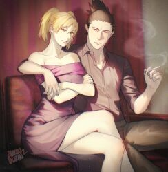 1boy 1girl black_hair black_shirt blonde_hair burin_burin cigarette couple crossed_legs dress highres holding holding_cigarette husband_and_wife nara_shikamaru naruto_(series) purple_dress shirt sitting smoking temari_(naruto)