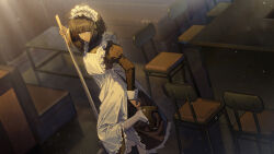 1girl adjusting_footwear apron black_dress black_hair broom chair commentary counter dress highres holding holding_broom indoors leg_up maid maid_headdress original pantyhose rff_(3_percent) short_hair solo standing standing_on_one_leg table white_apron white_pantyhose