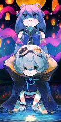 Rule 34 | 2girls, ahoge, aika himena, belt, binary, black cloak, black skirt, black tube top, blouse, checkered clothes, checkered skirt, circuit board, cloak, crop top, detached sleeves, garter straps, goggles, grey hair, hands on ground, highres, hood, hooded cloak, japanese clothes, kashi neko, kneeling on liquid, lantern, layered skirt, lolita fashion, looking down, looking up, magia record: mahou shoujo madoka magica gaiden, magical girl, mahou shoujo madoka magica, midriff, miniskirt, miwa mitsune, moon, multiple girls, neon trim, orange cloak, orange eyes, orange legwear, orange moon, orange skirt, orange sleeves, paper lantern, pink shawl, ponytail, purple hair, purple ribbon, purple shirt, purple sleeves, reflection, ribbon, see-through clothes, see-through skirt, shawl, shirt, short hair, skirt, sky lantern, spring (object), strapless, striped clothes, striped legwear, striped sleeves, striped thighhighs, swept bangs, thighhighs, tube, tube top, two-sided cloak, two-sided fabric, two-tone legwear, wa lolita, water, white legwear, white sleeves