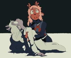 1girl alt_text animal_ears antlers black_nails blonde_hair buck_teeth checkered_clothes checkered_sweater_vest checkered_vest colored_skin deer_antlers deer_ears deer_girl deltarune freckles furry furry_female hellspawnmotel highres horns jewelry long_hair long_sleeves no_pupils noelle_holiday open_mouth red_eyes reindeer_girl ring robe sitting teeth two-tone_background two-tone_sweater_vest vest white_robe