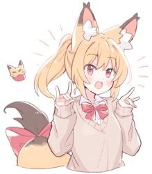1girl animal_ear_fluff animal_ears bow bowtie cropped_torso double_fox_shadow_puppet fox fox_ears fox_girl fox_shadow_puppet fox_tail hands_up light_blush looking_at_viewer medium_hair open_mouth original ponytail red_bow red_bowtie red_eyes shirt simple_background smile solo suzuno_(suzuno3110) sweater tail tail_bow tail_ornament upper_body white_background white_shirt