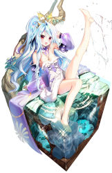 1girl :d axe bare_legs bare_shoulders barefoot blue_hair braid breasts commentary_request copyright_request cross cross-section cross_necklace dress feet female_focus fur-trimmed_dress fur_trim hair_between_eyes high_ponytail highres jewelry leg_up long_hair multicolored_hair necklace open_mouth pink_hair ponytail puffy_short_sleeves puffy_sleeves purple_sleeves red_eyes short_sleeves sitting sleeveless sleeveless_dress sleeves_past_wrists small_breasts smile soaking_feet soles solo sparkle streaked_hair very_long_hair water white_dress youta