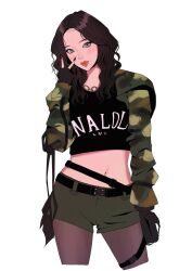 1girl aespa black_hair black_nails brown_hair chain closed_mouth commentary_request cowboy_shot crop_top cropped_jacket green_shorts highres k-pop karina_(aespa) looking_at_viewer makeup mascara medium_hair minmin_art_0 navel pantyhose pouch real_life shorts simple_background solo thigh_pouch white_background