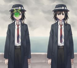 1girl alternate_costume apple black_coat black_eyes bow brown_hair coat collared_shirt fedora fine_art_parody food fruit hat hat_bow looking_at_viewer necktie parody ponytail re_ghotion shirt short_hair short_ponytail side_ponytail solo the_son_of_man the_son_of_man_(magritte) touhou trench_coat usami_renko white_shirt