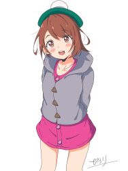 1girl :d arms_behind_back beret blush_stickers bob_cut brown_eyes brown_hair cardigan commentary_request cowboy_shot gloria_(pokemon) green_hat grey_cardigan hat highres hood hooded_cardigan nintendo open_mouth pilolimaru pokemon pokemon_swsh short_hair simple_background smile solo standing thighs white_background
