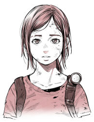 1girl animification backpack bag blood blood_on_face dante07180 dirty dirty_face ellie_(the_last_of_us) flashlight monochrome ponytail red_theme shirt short_sleeves simple_background solo straight-on swept_bangs t-shirt the_last_of_us the_last_of_us_(series) torn_clothes torn_shirt upper_body