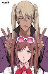 Rule 34 | 1boy, 1girl, ace attorney, alternate hairstyle, amikoiiko, apollo justice: ace attorney, bag, brown hair, double v, earrings, ema skye, eyelashes, eyewear on head, green eyes, highres, jewelry, klavier gavin, looking at viewer, pink-tinted eyewear, purple shirt, red-bow, ring, shirt, simple background, smile, tinted eyewear, twintails, v, white-framed eyewear, white background