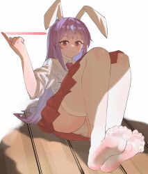 Rule 34 | 1girl, feet, highres, light blush, long hair, looking at viewer, nuclearzhenwan, panties, pantyshot, purple hair, rabbit ears, red eyes, reisen udongein inaba, see-through clothes, see-through legwear, smile, soles, thighhighs, toes, touhou, underwear, white thighhighs