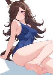 1girl absurdres animal_ears barefoot black_hair breasts closed_mouth commentary covered_navel feet foot_out_of_frame hair_ornament highres horse_ears legs long_hair purple_eyes rice_shower_(umamusume) school_swimsuit simple_background small_breasts smile soles solo swimsuit thighs toenails toes tsubame_tien umamusume white_background