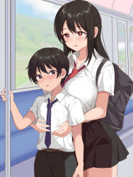 1boy 1girl age_difference bag belt black_hair black_skirt blue_necktie blue_sky blush breasts child cloud cloudy_sky commentary_request day femdom genmon grabbing_from_behind groping hair_between_eyes hand_grip height_difference hetero highres huge_breasts large_breasts long_hair molestation necktie onee-shota open_mouth original purple_eyes red_eyes red_necktie sailor_collar school_bag school_uniform seat shirt short_hair short_sleeves shota siblings skirt sky smile train train_interior white_shirt window you_gonna_get_raped