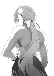 1girl back bare_shoulders black_gloves breasts defender_(girls&#039;_frontline) dress flower_dress girls&#039;_frontline gloves hair_ornament hair_ribbon hand_on_own_hip highres long_hair looking_back muscular muscular_female ponytail reizo_ne ribbon simple_background sleeveless solo standing upper_body white_background