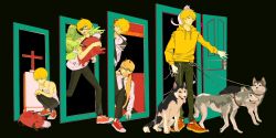 1girl 4boys animal animal_on_head axe black_background black_necktie black_pants blonde_hair blood blood_from_mouth blouse carrying cat cat_on_head chainsaw chainsaw_man child cross dog door doorway glasses grabbing hair_between_eyes highres holding holding_animal holding_leash horns husky jacket kneeling leash long_hair long_sleeves looking_away looking_down multiple_boys necktie on_head on_one_knee open_mouth opening opening_door pants pochita_(chainsaw_man) red_horns shirt shoes short_hair simple_background sneakers standing sweat tombstone tongue tongue_out tuzaixia weapon_in_mouth white_shirt zombie
