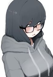Rule 34 | 1girl, bags under eyes, black eyes, black hair, blush, breasts, glasses, grey hoodie, hair between eyes, highres, hood, hoodie, jimiko, large breasts, medium hair, nicora, open mouth, original, simple background, white background