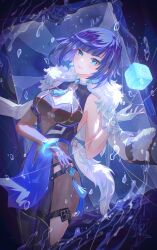 1girl absurdres aqinorz asymmetrical_gloves blue_dress blue_eyes blue_gloves blue_hair breasts chinese_clothes cleavage closed_mouth dice dress fur-trimmed_dress fur_trim genshin_impact gloves highres medium_breasts mirror short_hair smile solo white_gloves yelan_(genshin_impact)