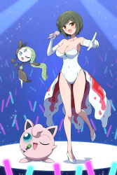 1girl absurdres armpit_crease armpits audience bare_legs bare_shoulders black_hair black_skin blue_eyes blush bob_cut body_blush breasts brooch brown_eyes cleavage colored_skin commission concert cosplay covered_navel crossover crowd earpiece eggman_(ni_tamagoex) elbow_gloves forehead_jewel frills full_body gem gen_1_pokemon gen_5_pokemon gloves glowstick goldeen goldeen_(cosplay) green_gemstone green_hair groin high_heels highres holding holding_microphone idol idol_clothes indoors jewelry jigglypuff large_breasts legendary_pokemon leotard looking_at_viewer mai_(senran_kagura) meloetta meloetta_(aria) microphone misty_(pokemon) misty_(pokemon)_(cosplay) multicolored_skin music musical_note mythical_pokemon nintendo one_eye_closed open_mouth pointing pointing_at_viewer pokemon pokemon_(anime) pokemon_(classic_anime) pokemon_(creature) pokemon_ep043 senran_kagura senran_kagura_new_wave shiny_skin short_hair showgirl_skirt singing skeb_commission smile sparkle stage stage_lights standing standing_on_one_leg swept_bangs tongue two-tone_skin white_footwear white_gloves white_leotard white_skin