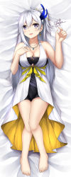 1girl artist_name blue_eyes blush breasts cecilia_schariac cleavage commentary dakimakura_(medium) dress earrings english_text feet female_focus full_body hair_ornament highres honkai_(series) honkai_impact_3rd jewelry long_hair looking_at_viewer lying necklace on_back open_mouth sheita side_ponytail signature single_earring smile solo white_hair