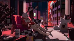 1girl ad animal_ear_fluff animal_ears blue_eyes can city coat couch crop_top dolphin_shorts flower highres hood hoodie indoors long_hair looking_to_the_side magazine_(object) mikan_(renyan) night night_sky on_couch original peesh_san perspective pillow ponytail red_eyes shorts sitting sky solo star_(sky) stomach stuffed_toy tail television virtual_youtuber white_hair