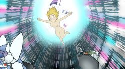 1girl aged_up barefoot blonde_hair blush breasts breasts_out chackmon completely_nude digimon dubidu123 embarrassed fairimon falling floating_hair henshin large_breasts navel nipples nude orimoto_izumi outstretched_arms solo spirit_evolution tia_ivonis torn_clothes transformation