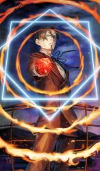 1boy black_ribbon blue_eyes brown_facial_hair brown_hair buttons cloud collared_shirt commentary cowboy_shot curtained_hair diffraction_spikes double-breasted dress_pants embers facial_hair fate/grand_order fate/zero fate_(series) fire formal_clothes from_below gem glowing goatee holding holding_scepter jacket lapels long_sleeves looking_at_viewer magic male_focus mizutame_tori neck_ribbon night night_sky official_art outdoors pants parted_lips red_gemstone red_jacket red_pants red_suit ribbon scepter shirt short_hair sky solo standing suit suit_jacket teeth third-party_source tohsaka_tokiomi v-shaped_eyebrows white_shirt