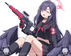 1girl absurdres armband artist_logo assault_rifle black_choker black_gloves black_hair black_sailor_collar black_serafuku black_wings blue_archive blush bullpup choker em-2 feathered_wings gloves gun hair_ornament hairclip halo highres holding holding_gun holding_weapon ichika_(blue_archive) kazezz logo long_hair long_sleeves low_wings neckerchief red_armband red_halo red_neckerchief rifle safety_pin sailor_collar school_uniform serafuku simple_background sitting skirt smile solo watermark weapon web_address white_background wings