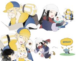 1boy 1girl akari_(pokemon) backpack bag bandages blonde_hair blue_hair carrying closed_eyes collage gen_2_pokemon gen_4_pokemon gen_5_pokemon hair_over_one_eye hat headscarf height_difference highres hug long_hair nextduch nintendo one_eye_covered oshawott pokemon pokemon_(creature) pokemon_legends:_arceus red_scarf scarf shinx short_hair sidelocks simple_background smile tearing_up togepi volo_(pokemon) white_background white_headscarf