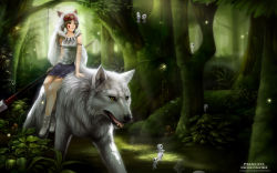 1990s_(style) 1girl animal arms_at_sides brown_hair bug cape copyright_name daidarabocchi deer dragonfly earrings facepaint female_focus firefly forest fur hat insect jewelry kodama mask mononoke_hime mushroom nature necklace outdoors plant polearm retro_artstyle riding san_(mononoke_hime) scenery spear studio_ghibli syncaidia tooth_necklace tree watermark weapon web_address wolf