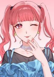 1girl black_shirt blue_dress blush dress earrings fire_emblem fire_emblem:_three_houses hair_ornament hand_up highres hilda_valentine_goneril jewelry long_hair looking_at_viewer necklace nintendo one_eye_closed pearl_necklace pink_eyes pink_hair shirt simple_background smile solo string_of_pearls tomo_shirasu twintails
