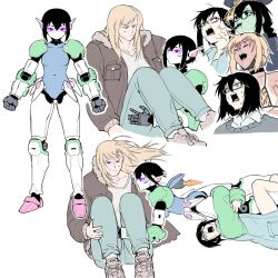 1boy 5girls anger_vein animal_print bikini bikini_tan black_choker black_hair black_mask blank_eyes blonde_hair blue_pants braid braided_ponytail breasts brown_jacket carrying choker colored_skin commentary denim english_commentary flying forked_tongue glasses green_skin grey_sweater hat highres hugging_another&#039;s_leg jacket jeans jiangshi leopard_print long_hair mask_pull medium_breasts medium_hair multicolored_hair multicolored_jacket multiple_girls multiple_persona navel ofuda open_mouth original pants piercing pink-framed_eyewear princess_carry qingdai_guanmao robot_girl roots_(hair) single_braid small_breasts smile star_(symbol) sticker_on_face sweat sweatdrop sweater swimsuit tan tanline tongue tongue_out tongue_piercing two-tone_jacket underboob yblndr