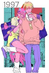 1997 1boy 1girl alternate_costume alternate_eye_color bag baggy_clothes blonde_hair bookbag bow bowtie building cellphone chainsaw_man city collared_shirt cross-shaped_pupils crosshair_pupils cup demon_girl demon_horns denim denji_(chainsaw_man) drinking drinking_straw hair_between_eyes hair_bow hair_ornament hand_in_pocket highres holding_another&#039;s_arm horns jeans kanitumuri leg_up long_hair looking_at_viewer loose_socks pants phone pink_hair power_(chainsaw_man) red_eyes red_sky school_uniform sharp_teeth shirt shoes short_hair skirt sky smile socks sweater symbol-shaped_pupils tamagotchi tamagotchi_(classic) tamagotchi_(virtual_pet) teeth tree v very_long_hair virtual_pet_(toy) watch yellow_eyes