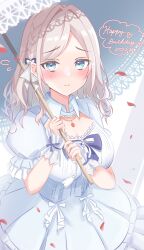 1girl 2025 :t absurdres blue_bow blue_eyes blush bow breasts ceras_yanagida_lilienfeld cleavage closed_mouth collared_shrug commentary_request cowboy_shot dated dress english_text flying_sweatdrops frilled_sleeves frills grey_hair hair_bow happy_birthday highres holding holding_umbrella iroha_(nami3) izayoi_selene jewelry lace-trimmed_umbrella large_breasts link!_like!_love_live! long_hair looking_at_viewer love_live! necklace official_alternate_costume parasol pout puffy_short_sleeves puffy_sleeves raised_inner_eyebrows ribbon short_sleeves shrug_(clothing) simple_background solo standing strapless strapless_dress umbrella umbrella_over_shoulder virtual_youtuber white_background white_bow white_dress white_ribbon white_shrug