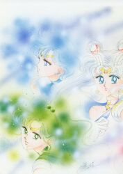 Rule 34 | 1990s (style), 3girls, absurdres, artbook, artist name, bishoujo senshi sailor moon, blue eyes, blue hair, blue sailor collar, choker, crescent, earrings, flower earrings, green eyes, green hair, green sailor collar, highres, incredibly absurdres, jewelry, kino makoto, mizuno ami, multiple girls, official alternate hair color, pale skin, parted lips, pink choker, pink lips, ponytail, retro artstyle, sailor collar, sailor jupiter, sailor mercury, sailor moon, scan, short hair, signature, split mouth, takeuchi naoko, tsukino usagi, wavy hair, white hair