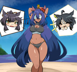 +++ 3girls absurdres ahoge animal_ears arms_behind_head arms_up asahiruyou bandaid bandaid_on_face bandaid_on_nose beach bikini black_hair blindfold breasts cheering chibi chibi_inset cleavage cleavage_cutout closed_eyes closed_mouth clothing_cutout covered_eyes dark-skinned_female dark_skin day ear_scrunchie feet_out_of_frame fuji_kiseki_(umamusume) groin hair_between_eyes highres hishi_amazon_(umamusume) holding horizon horse_ears horse_girl horse_tail large_breasts long_hair lowleg lowleg_bikini multicolored_hair multiple_girls narita_brian_(umamusume) navel ocean open_mouth outdoors purple_hair sand scrunchie shiny_skin standing stomach suikawari swimsuit tail tankini thigh_gap two-tone_hair umamusume very_long_hair water white_hair yellow_eyes